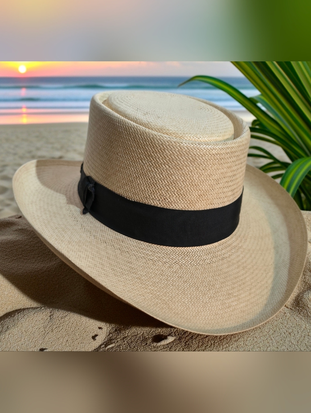 Men's Resistol 10X Panama Straw Hat 7, Western Gambler Cream & Black Excellent